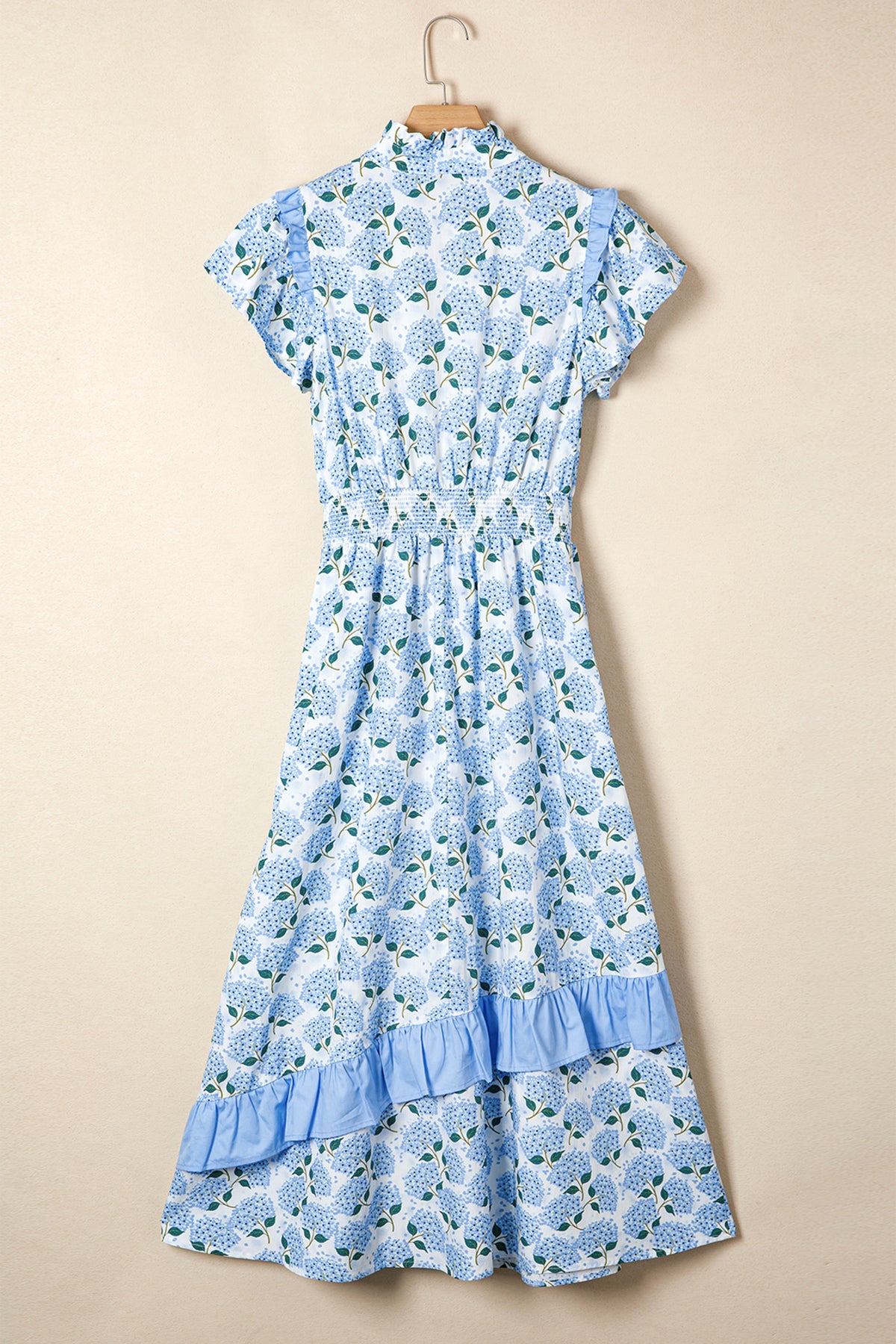 KaleaBoutique Comfortable Hydrangea Floral Print Ruffle Trim Flutter Sleeve Long Dress - KaleaBoutique.com