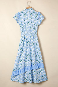 KaleaBoutique Comfortable Hydrangea Floral Print Ruffle Trim Flutter Sleeve Long Dress - KaleaBoutique.com