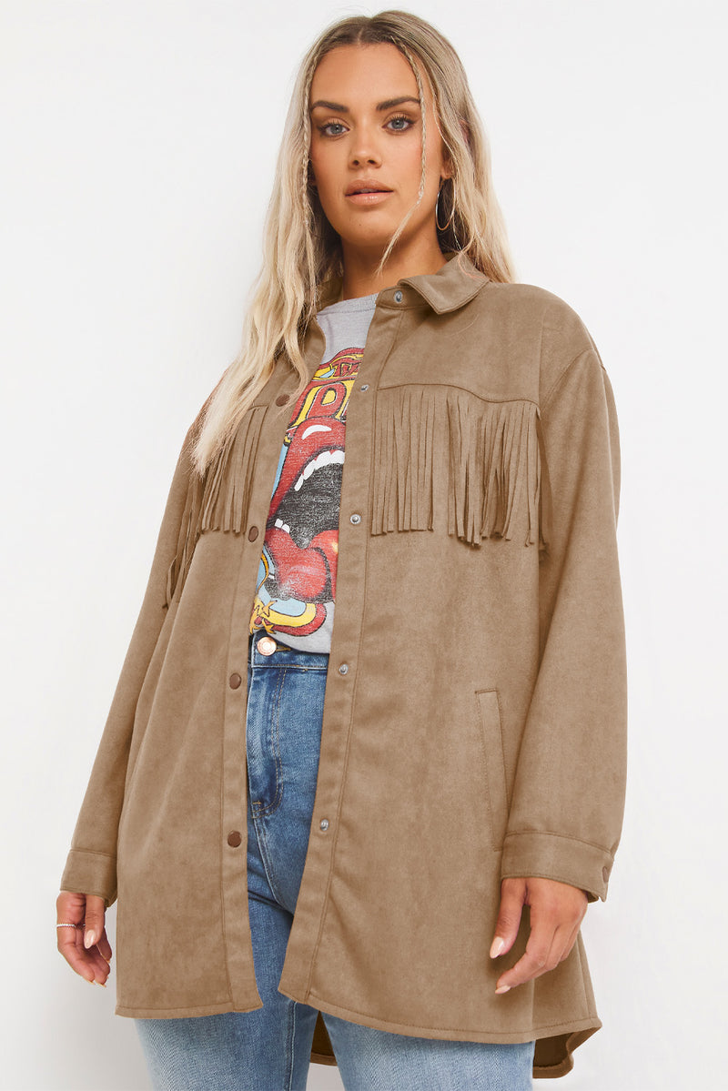 KaleaBoutique Fringe Trim Plus Size Suede Shacket - KaleaBoutique.com