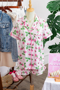 KaleaBoutique Stylish Striped Strawberry Print Lapel Shirt Drawstring Shorts 2pcs Pajama Set - KaleaBoutique.com