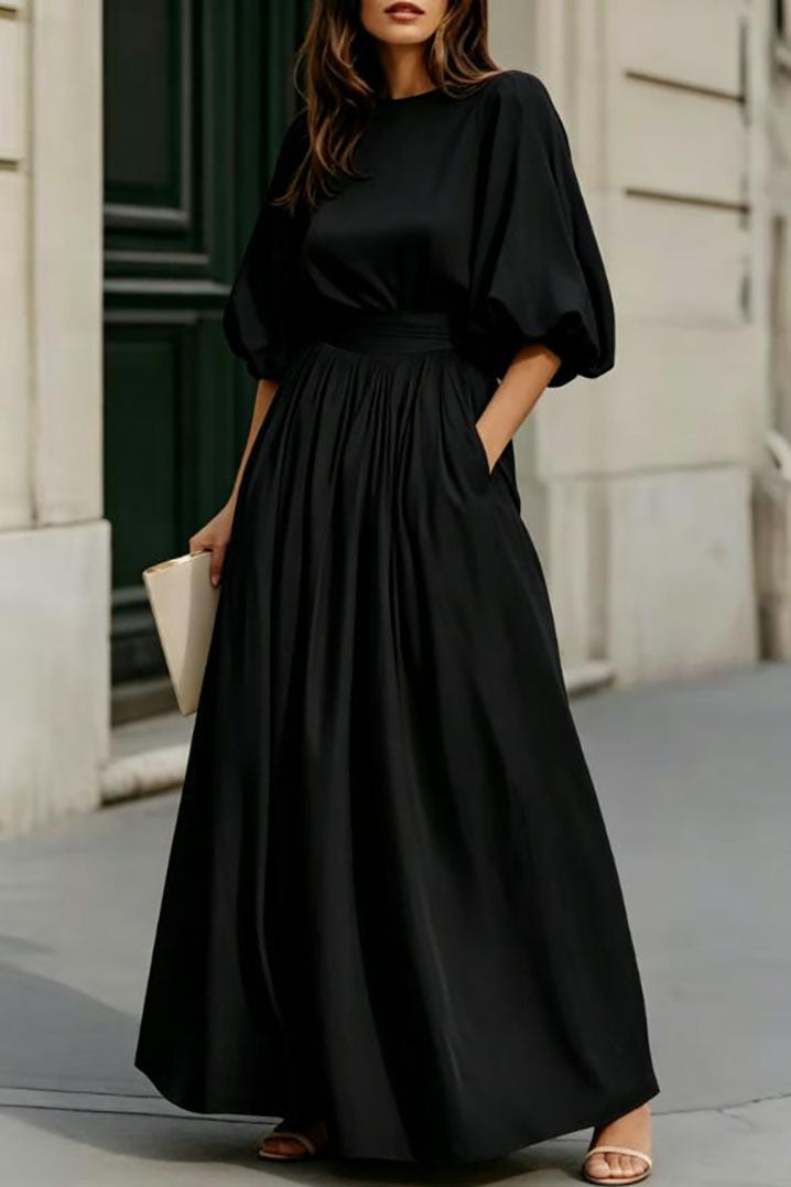 Women's Round-Neck Lantern-Sleeve Maxi Dress with Pockets - KaleaBoutique.com