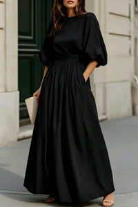 Women's Round-Neck Lantern-Sleeve Maxi Dress with Pockets - KaleaBoutique.com