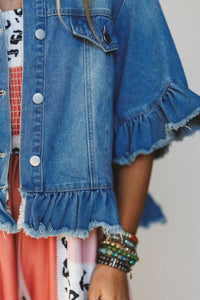 Ruffle Hem Raw Edge Half Sleeve Western Denim Jacket - KaleaBoutique.com