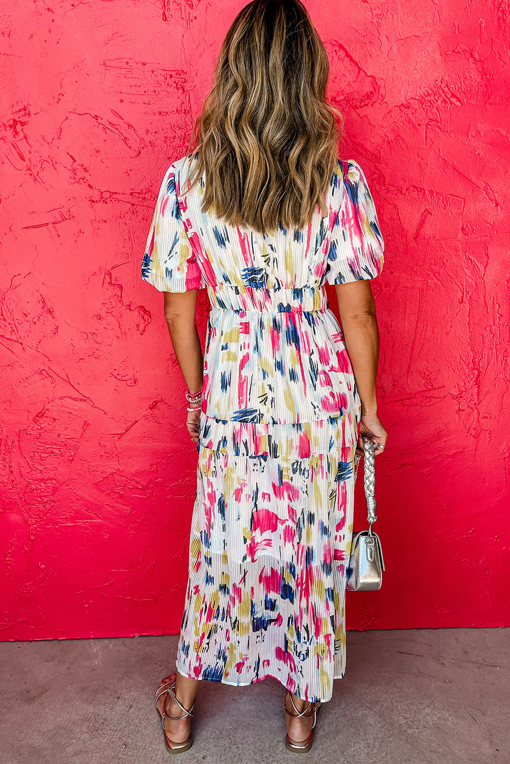 KaleaBoutique Stylish Abstract Print Short Puff Sleeve Tiered Maxi Dress - KaleaBoutique.com