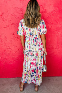 KaleaBoutique Stylish Abstract Print Short Puff Sleeve Tiered Maxi Dress - KaleaBoutique.com