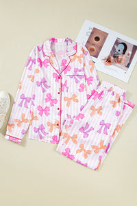 KaleaBoutique Stylish Striped Bow Print Contrast Piping Trim Shirt and Pants 2pcs Pajama Set - KaleaBoutique.com