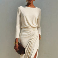 Women's Long-Sleeve Ruched Side-Slit Maxi Dress - KaleaBoutique.com