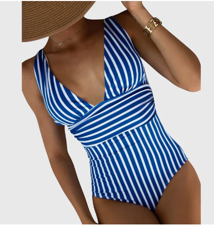 Women's Plunge V-Neck Striped One-Piece Swimsuit - KaleaBoutique.com
