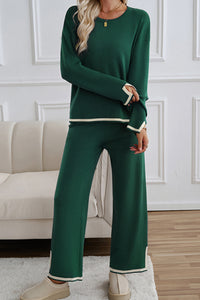 KaleaBoutique Stylish Contrast Trim Split Cuffs Long 2pcs Sweater Outfit Loungewear - KaleaBoutique.com