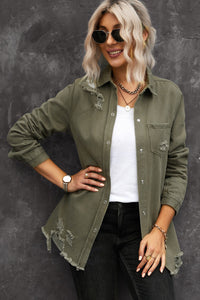 Raw Hem Distressed Denim Shirt Jacket - KaleaBoutique.com