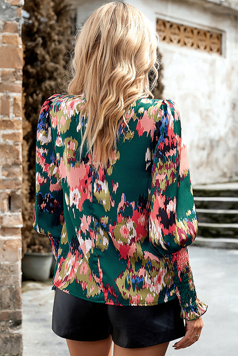 KaleaBoutique Abstract Print Smocked Cuffs Frilled Neck Blouse - KaleaBoutique.com