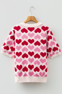 KaleaBoutique Comfortable 2-tone Heart Print Valentine Crew Neck Short Sleeve Sweater - KaleaBoutique.com