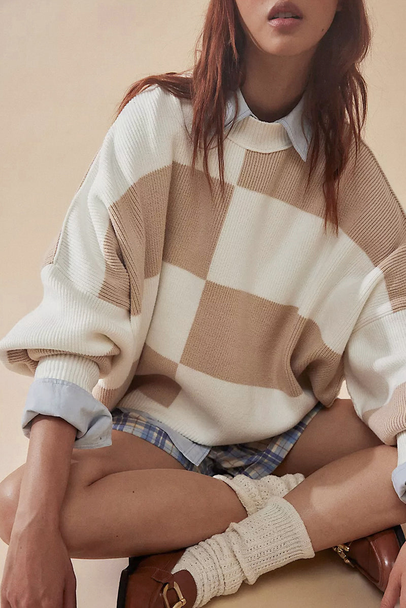 KaleaBoutique Checkered Side Slits Drop Shoulder Oversized Sweater - KaleaBoutique.com