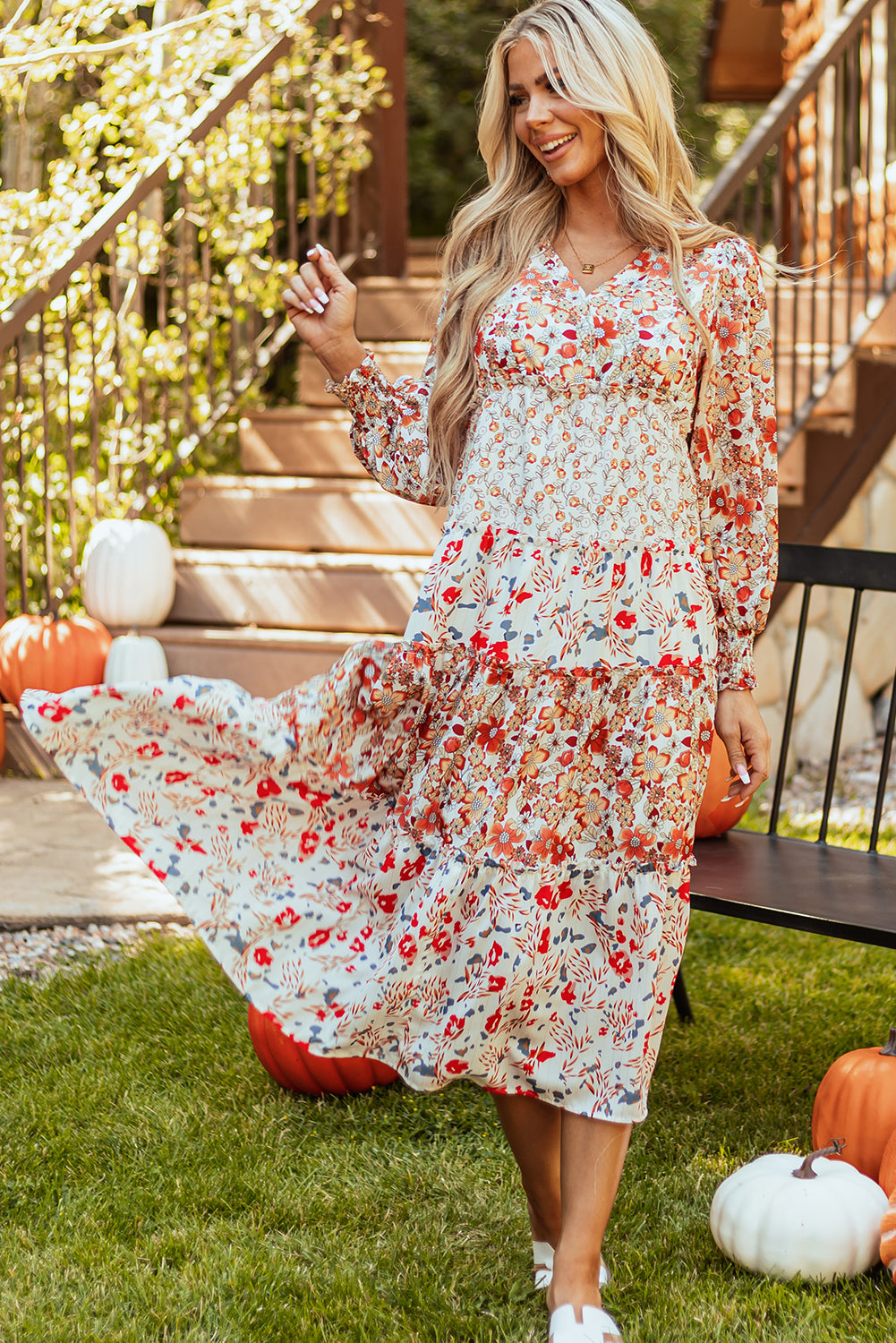 KaleaBoutique Stylish Floral Print Ruffled Tiered Long Sleeve V Neck Midi Dress - KaleaBoutique.com
