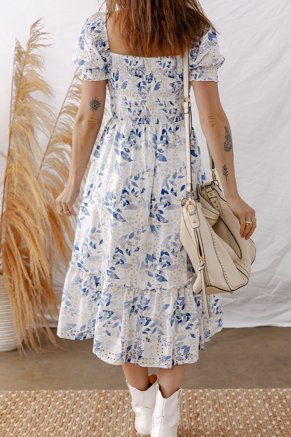 Smocked Bodice Short Puff Sleeve Tiered Floral Midi Dress - KaleaBoutique.com