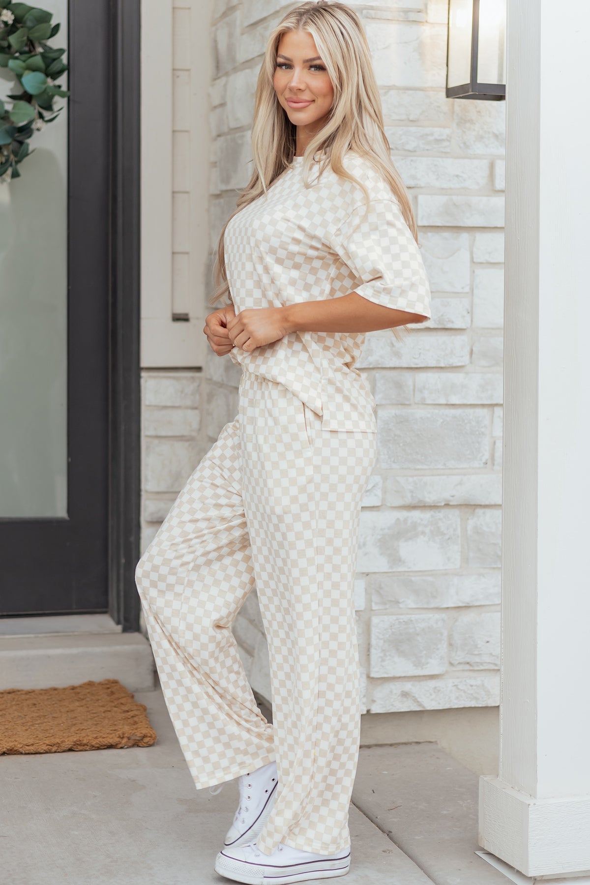 KaleaBoutique Comfortable Checkered Print Half Sleeve Tee 2pcs Lounge Pant Set - KaleaBoutique.com