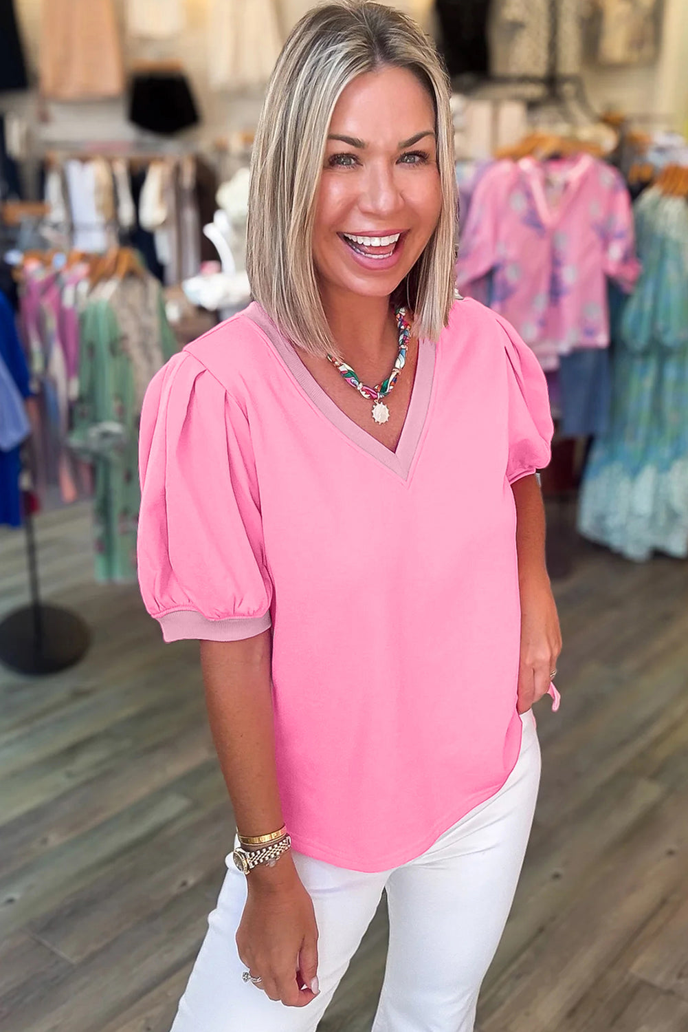 Solid Color V Neck Short Puff Sleeve Blouse - KaleaBoutique.com