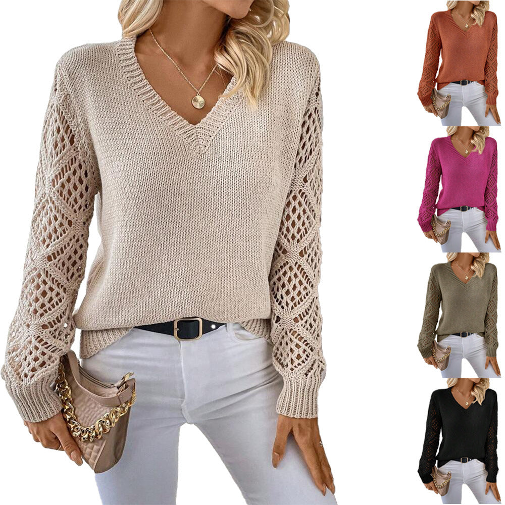 Women's V-Neck Openwork-Sleeve Pullover Sweater - KaleaBoutique.com