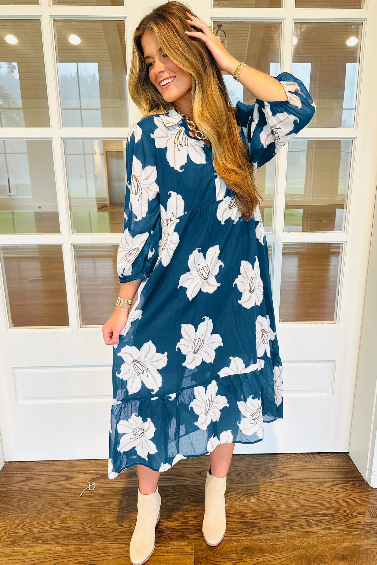 KaleaBoutique Comfortable Floral Print Shirt Collar V Neck 3/4 Sleeve Shift Midi Dress - KaleaBoutique.com