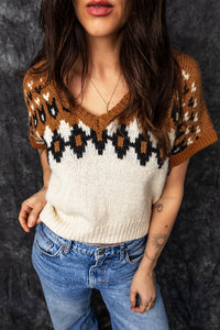 KaleaBoutique Comfortable V Neck Short Sleeve Geometric Print Western Style Knit Tee - KaleaBoutique.com