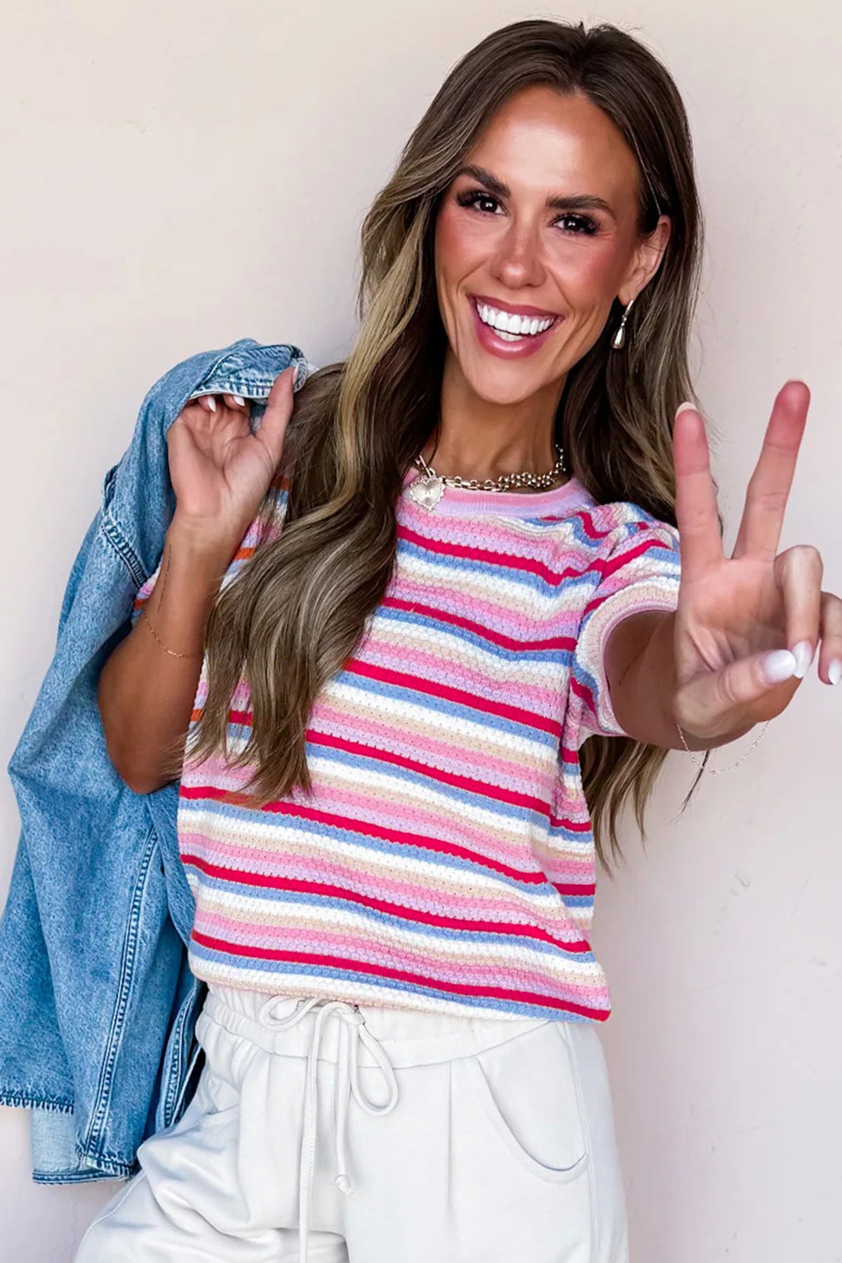 KaleaBoutique Stylish Textured Stripes Knit Short Sleeve Sweater - KaleaBoutique.com