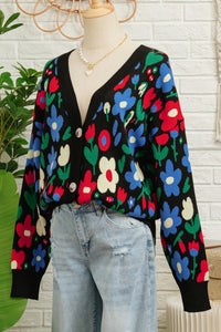 KaleaBoutique Stylish Floral Print V Neck Buttoned Short Cardigan Sweater - KaleaBoutique.com