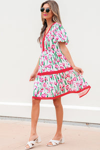 Floral Print Contrast Trim V Neck Bubble Short Sleeve Babydoll Dress - KaleaBoutique.com