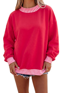 KaleaBoutique Comfortable Red Colorblock Plaid Contrast Trim Oversized Sweatshirt - KaleaBoutique.com