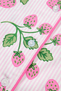 KaleaBoutique Stylish Striped Strawberry Print Lapel Shirt Drawstring Shorts 2pcs Pajama Set - KaleaBoutique.com
