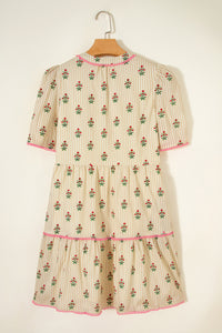 KaleaBoutique Comfortable Striped Floral Print Contrast Detail Ruffle Hem Short Dress - KaleaBoutique.com