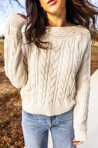 Drop Shoulder Round Neck Cable Knit Sweater - KaleaBoutique.com