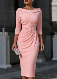 One-shoulder Slim-fit Sheath Dress With Three-quarter-length Pleated Sleeves - KaleaBoutique.com