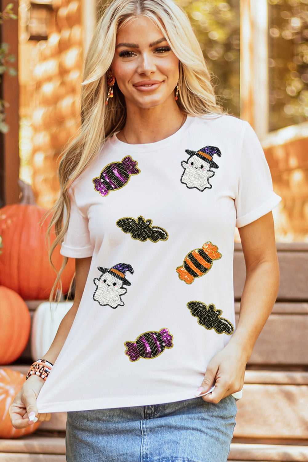 White Sequin Witch Ghost, Candy & Bat Halloween Graphic Tee - KaleaBoutique.com