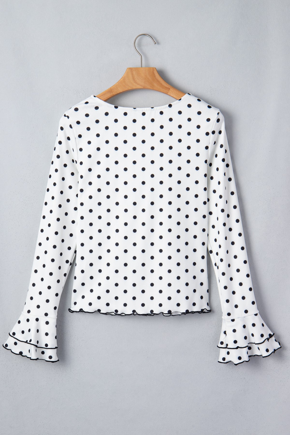 KaleaBoutique Stylish Polka Dot Print Lettuce Trim Long Sleeve Top - KaleaBoutique.com