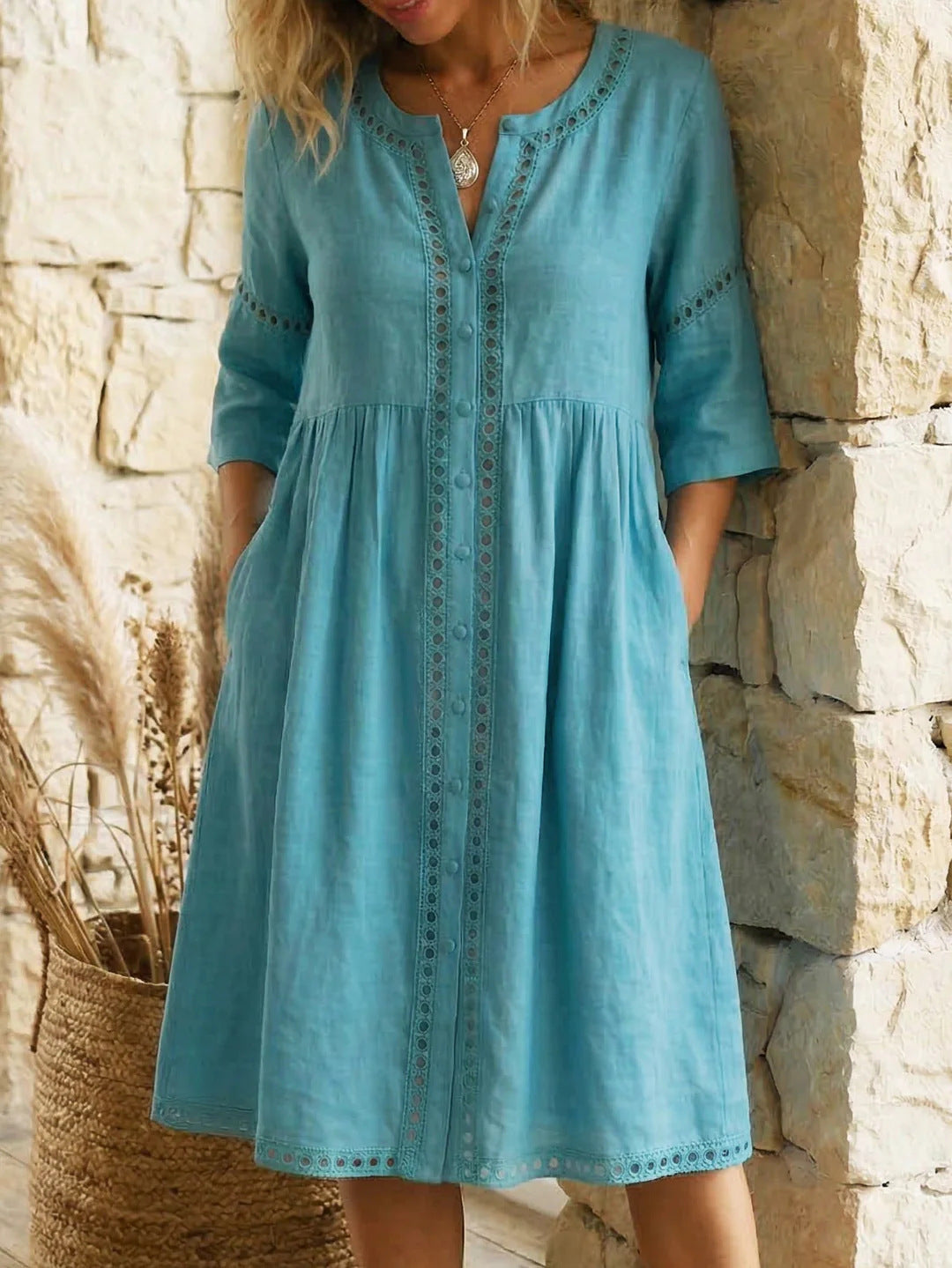Loose-fitting Linen-cotton Dress With A Buttoned Collar And Lace-trimmed Seams - KaleaBoutique.com