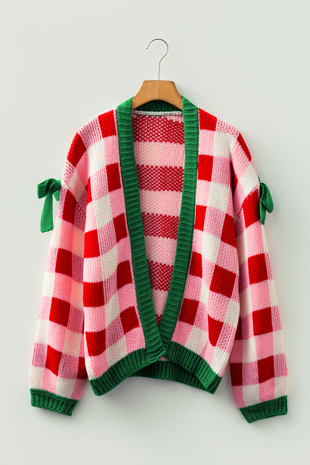 KaleaBoutique Comfortable Plaid Knit Bow Knot Decor Open Front Sweater Cardigan - KaleaBoutique.com