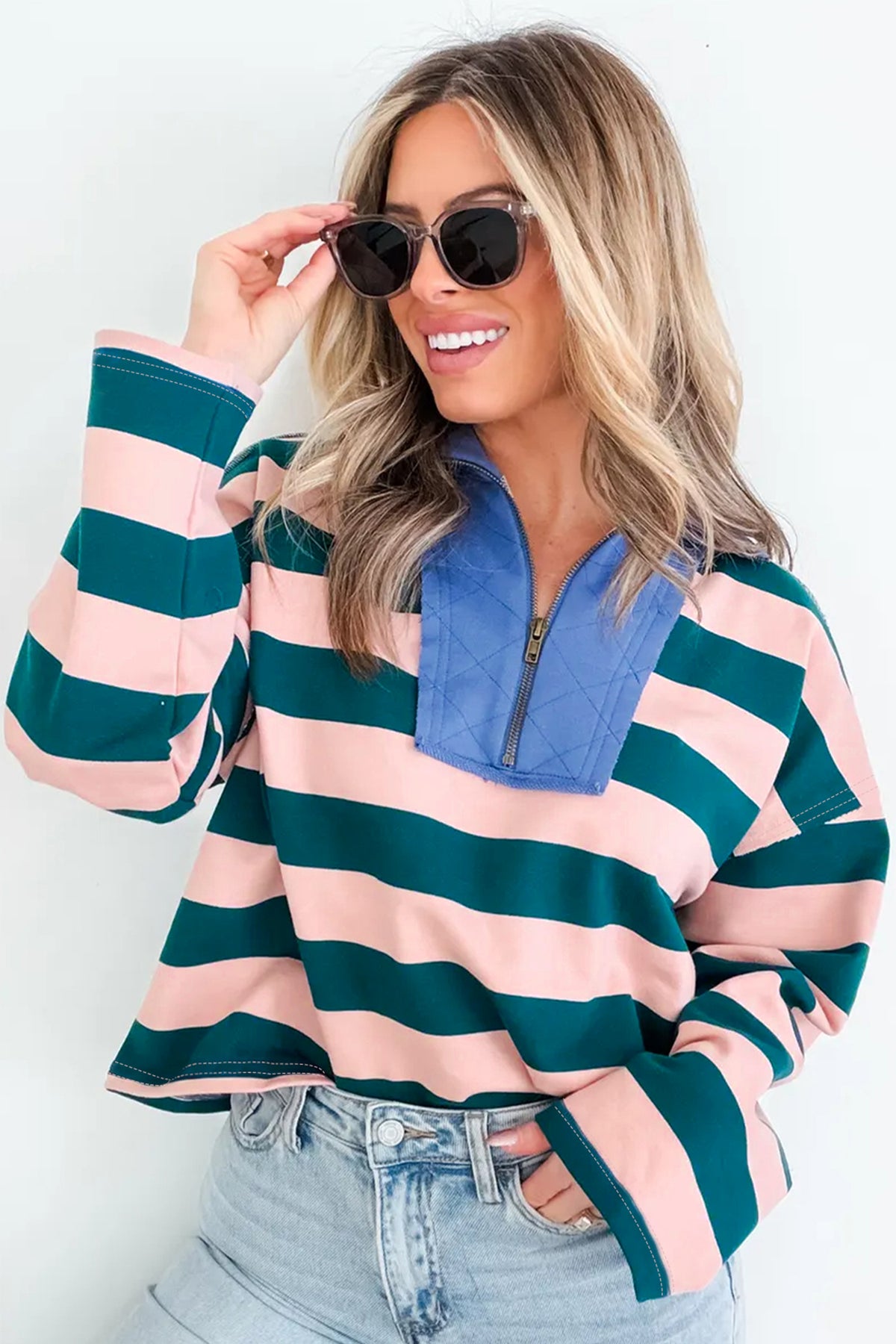 KaleaBoutique Stylish Quarter-Zip Metal Zipper Cover Stitch Hem Top - KaleaBoutique.com