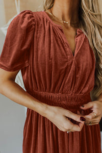 KaleaBoutique Stylish Velvet Short Sleeve Shirred Waist Tiered Maxi Dress - KaleaBoutique.com