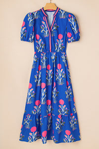 Floral Puff Short Sleeve V Neck High Waist Maxi Dress - KaleaBoutique.com