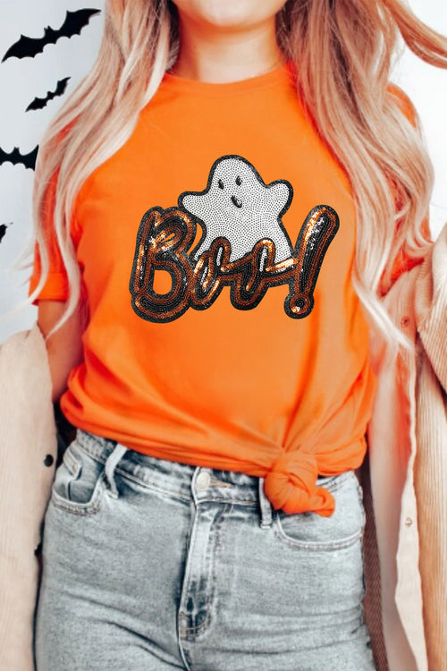 Orange Sequin Ghost Halloween Short Sleeve Graphic Tee - KaleaBoutique.com