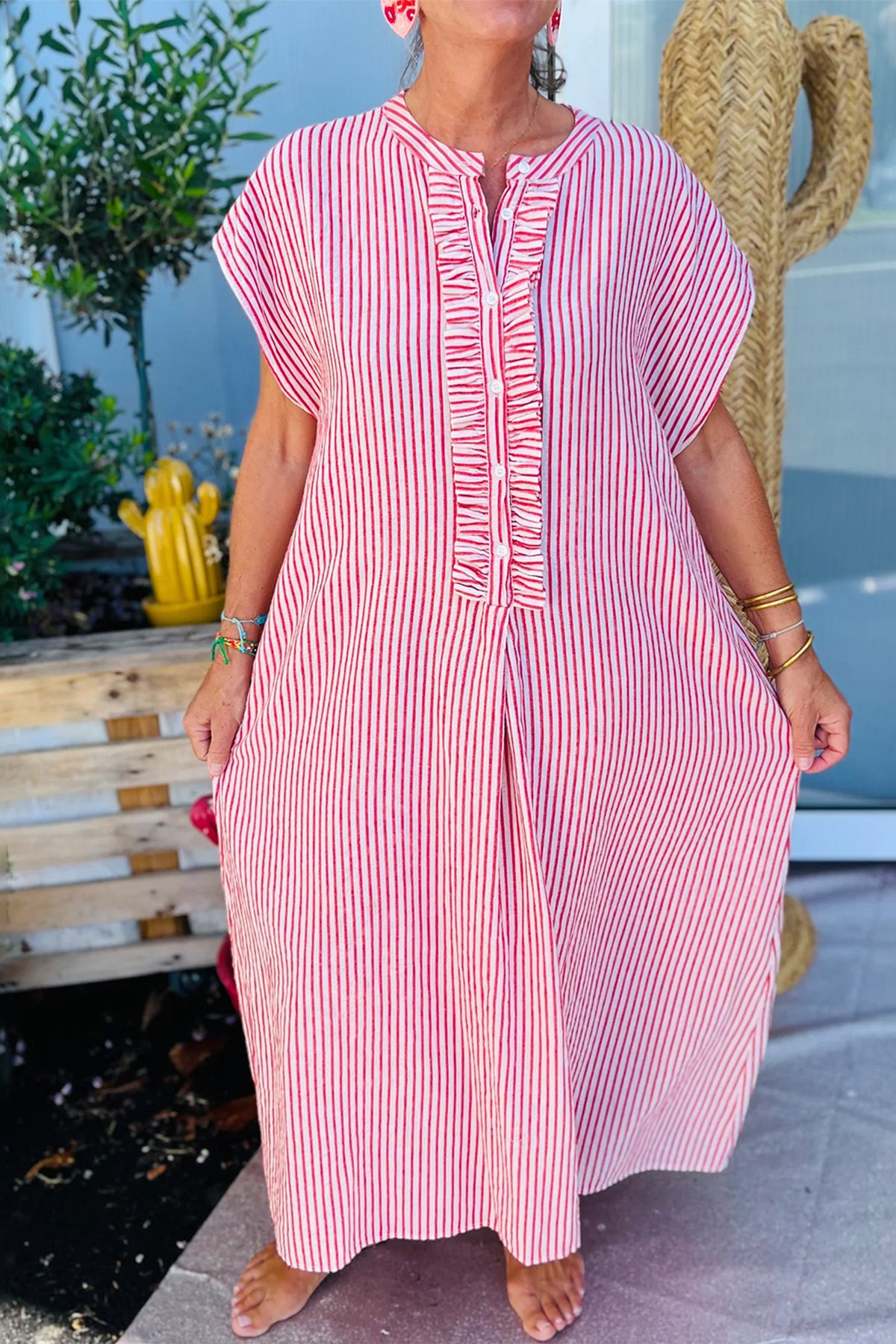 KaleaBoutique Stylish Frilled Detail Half Buttons Short Sleeve Long Dress - KaleaBoutique.com