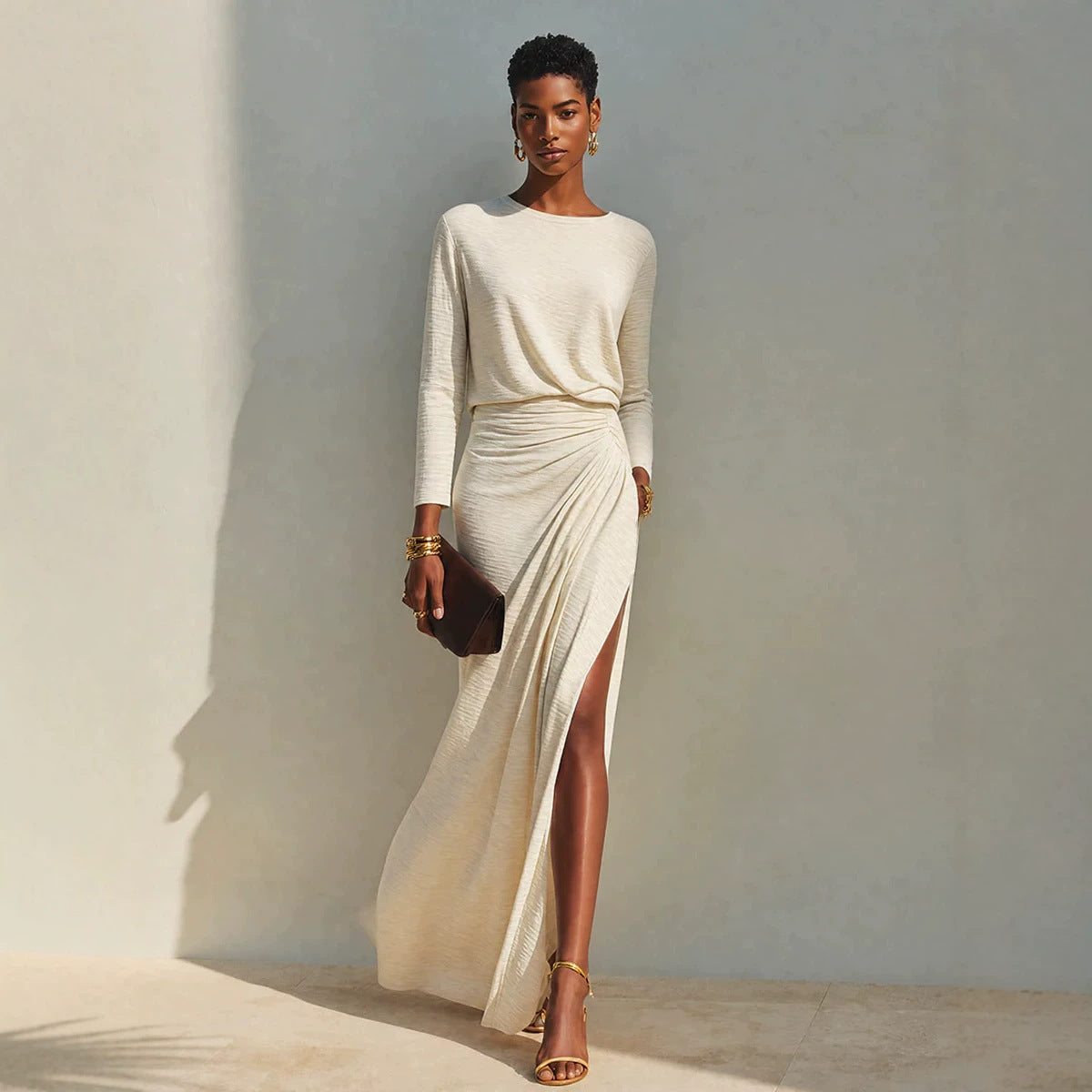 Women's Long-Sleeve Ruched Side-Slit Maxi Dress - KaleaBoutique.com