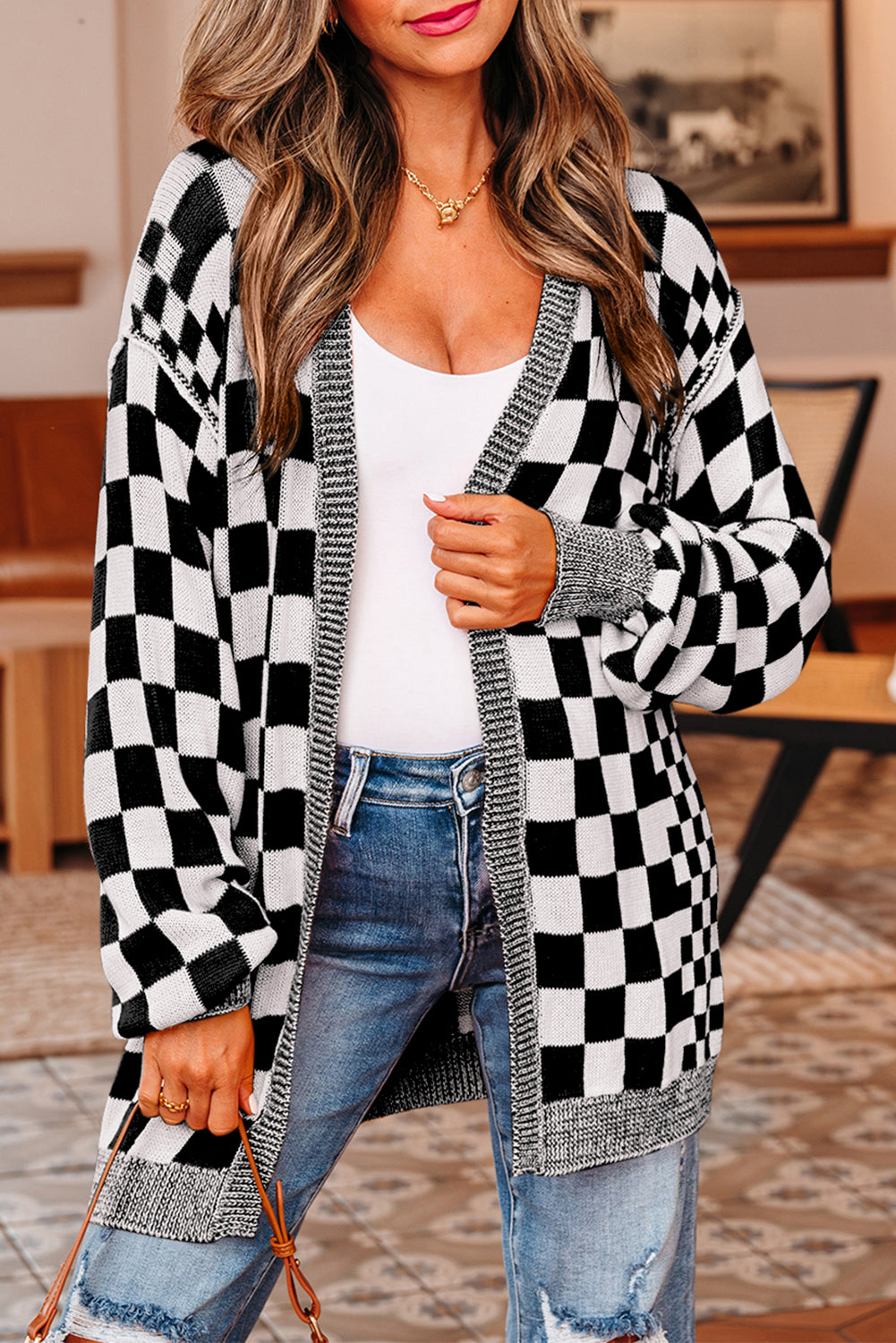 KaleaBoutique Stylish Checkered Open Front Drop Shoulder Cardigan - KaleaBoutique.com