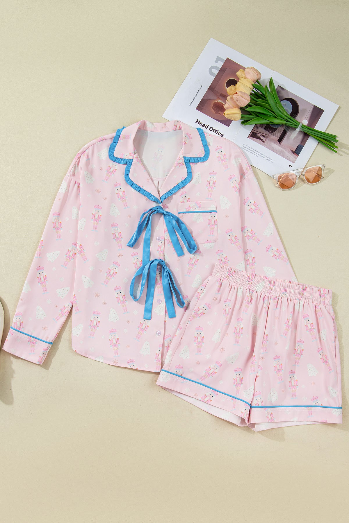 KaleaBoutique Stylish Bow Tie Front Christmas Nutcracker Long Sleeve Shirt Shorts Pajama Set - KaleaBoutique.com