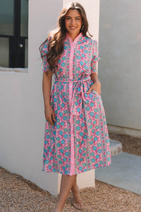 KaleaBoutique Stylish Floral Shirred Puff Sleeve Buttoned Front Midi Dress with Sash - KaleaBoutique.com