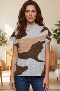 KaleaBoutique Stylish Camouflage Pattern Drop Shoulder High Neck Short Sleeve Shift Sweater - KaleaBoutique.com
