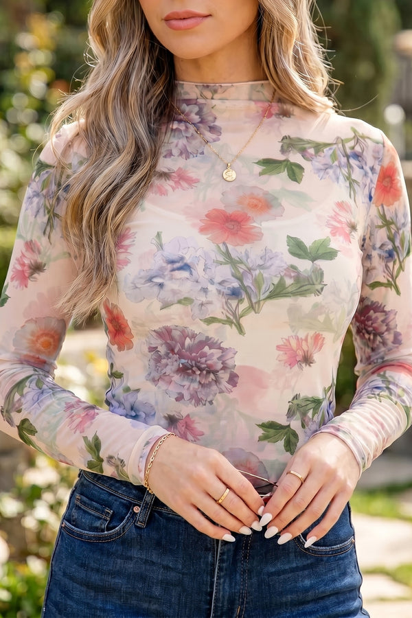 KaleaBoutique Stylish Floral Mesh Thumbhole Long Sleeve Slim Top - KaleaBoutique.com