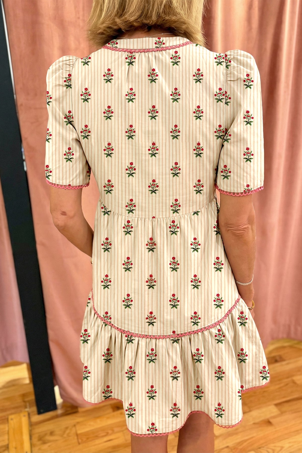 KaleaBoutique Comfortable Striped Floral Print Contrast Detail Ruffle Hem Short Dress - KaleaBoutique.com