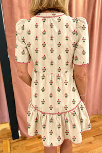 KaleaBoutique Comfortable Striped Floral Print Contrast Detail Ruffle Hem Short Dress - KaleaBoutique.com