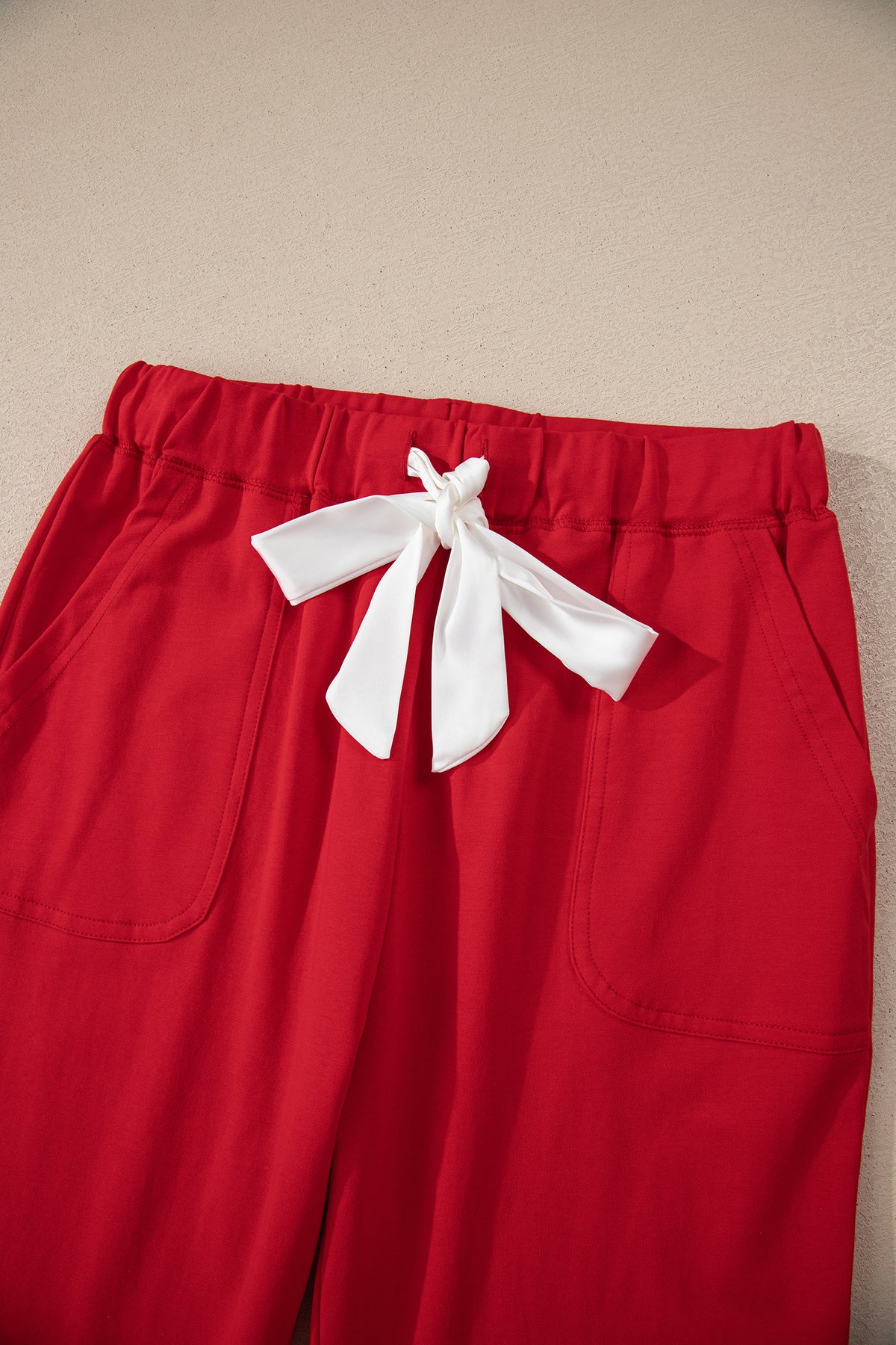 KaleaBoutique Stylish Contrast Trim Button V Neck Ribbon Bow Knot Waist 2pcs Lounge Pant Set - KaleaBoutique.com